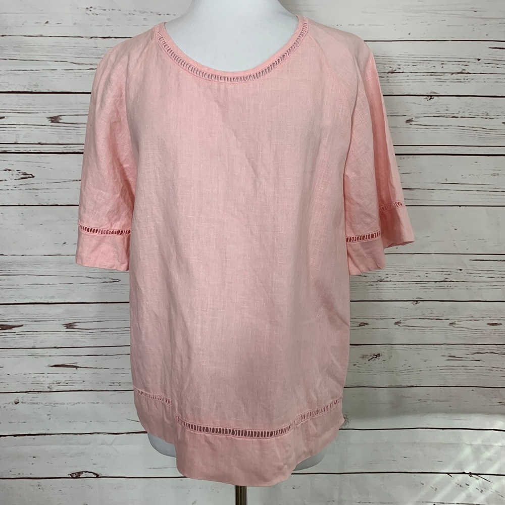 Symple Women's Shirt Size Medium Pale Pink Linen Top Short Sleeve Cut Outs